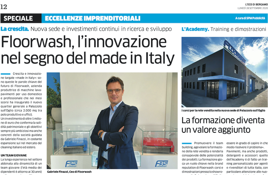 Eco di Bergamo 28/09/2020 "Floorwash, l'innovazione nel segno del Made in Italy"